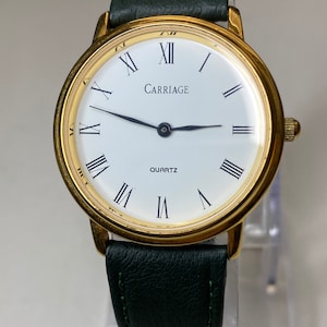 Vintage 36mm Carriage Quartz Gold Tone Dress Watch Leather Band
