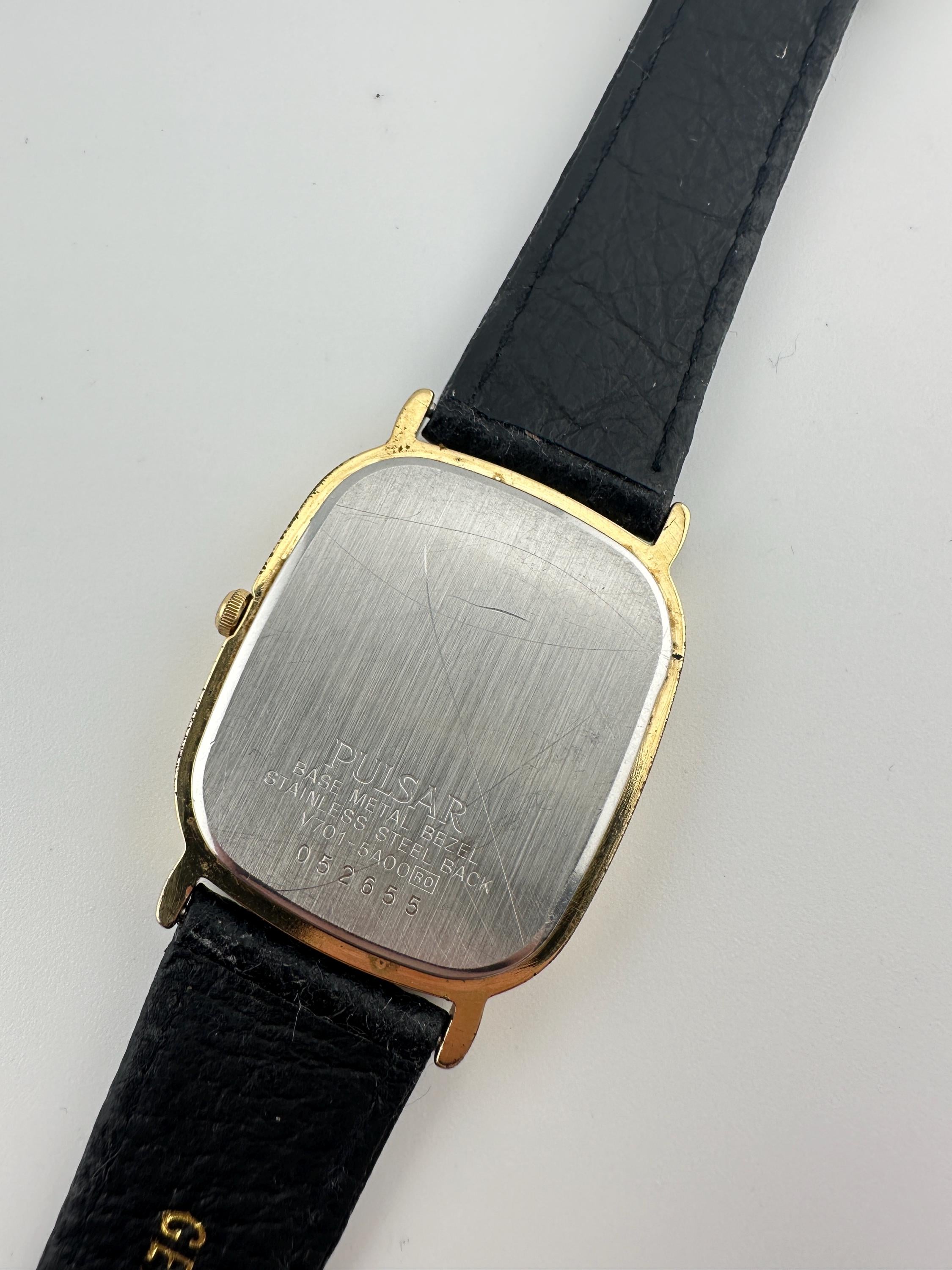 Pulsar by Seiko Vintage Gold Tone Tank Watch White Face Roman