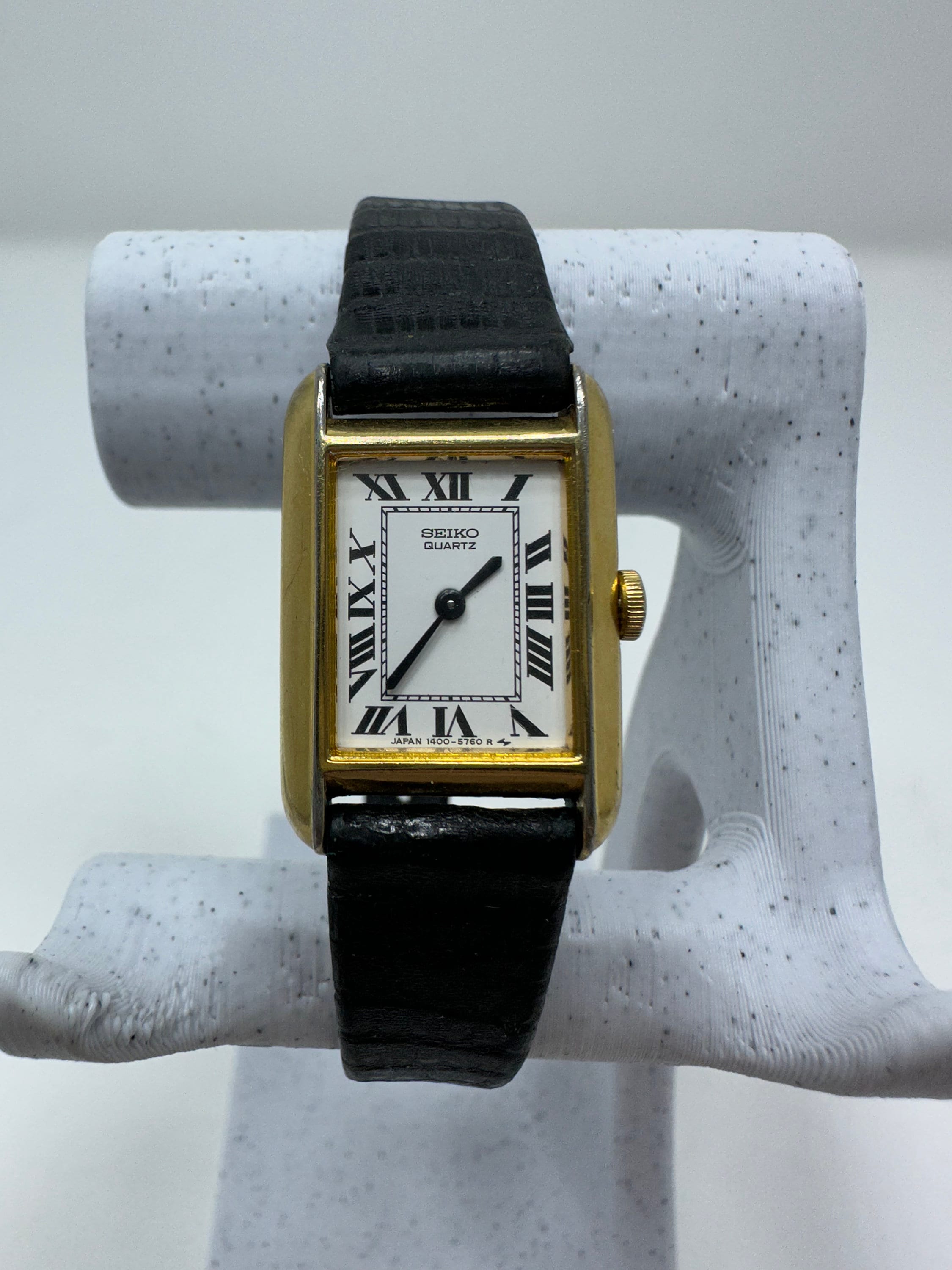 Seiko RARE 1400 8069 Gold Tone Tank Watch White Face Roman