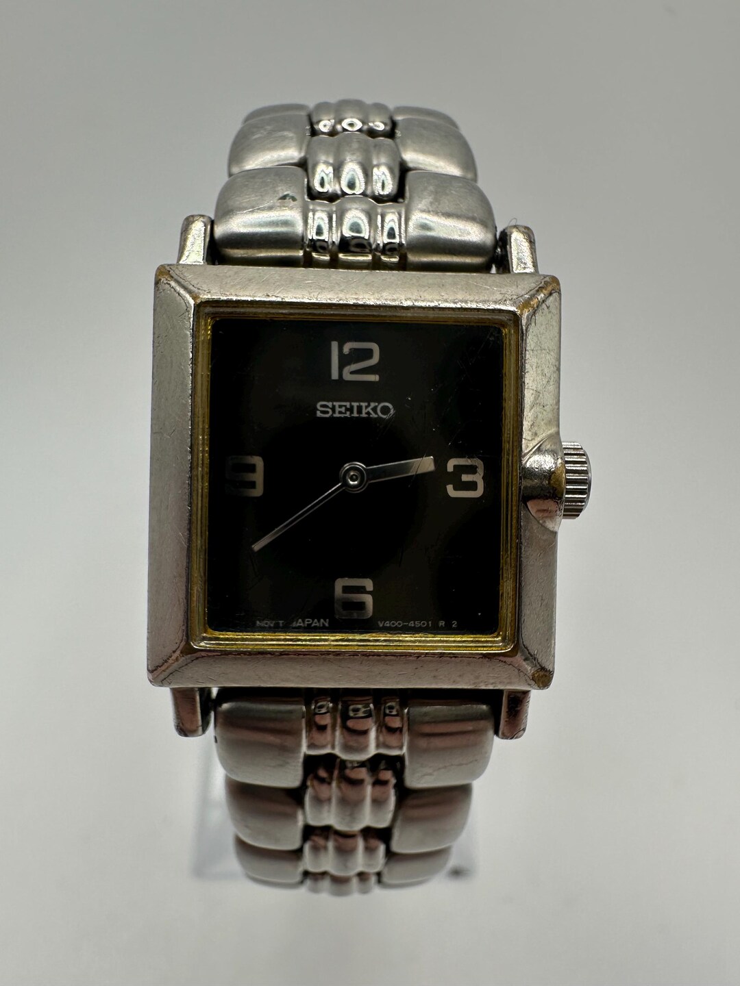 Seiko V400 Ladies Silver Tone Tank Watch Black Face Gift Her Women