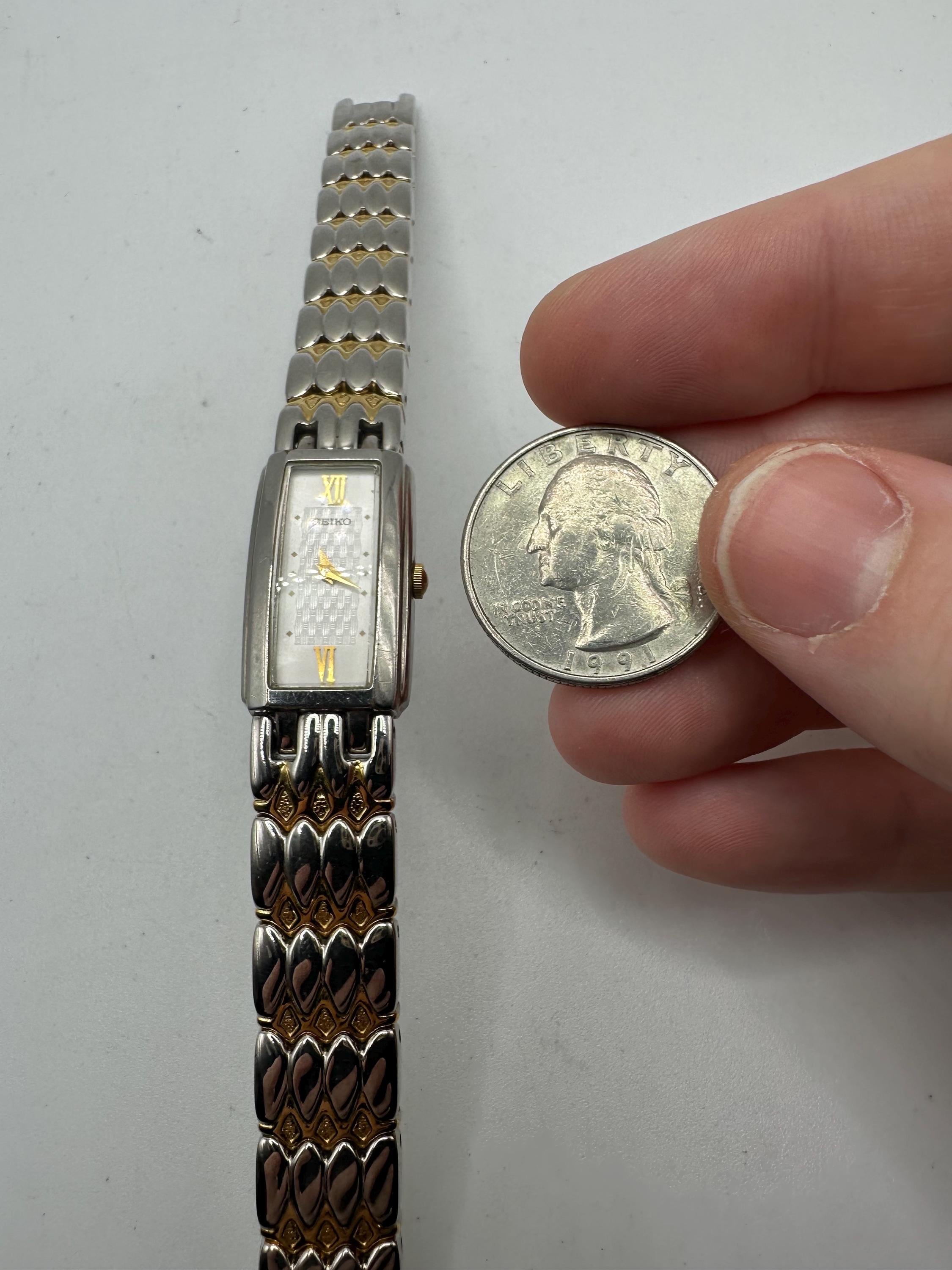 Vintage Seiko Gold Silver Tone Tank Watch Rectangle Face Roman