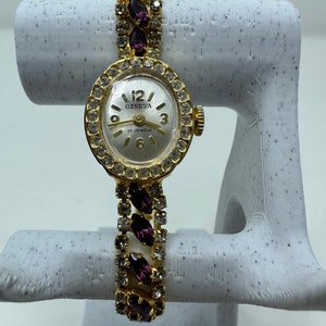 Vintage Geneva ladies gold tone faux diamonds mechanical wind watch gift her ladies women fashion designer