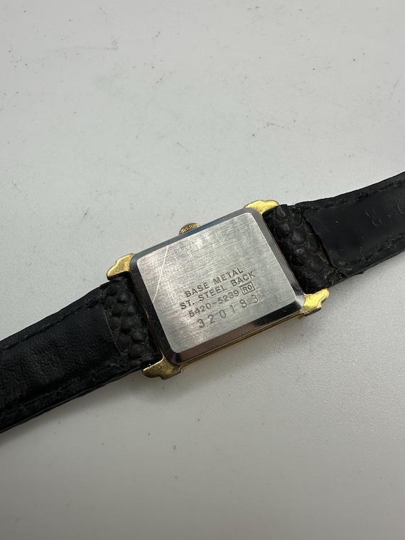 Vintage Seiko 5420 Ladies Gold Tone Tank Watch Black Face Leather