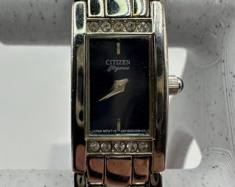 vintage citizen elegance ladies silver tone tank Watch faux diamonds gift her mom sale blue face dress fashion designer square rectangle
