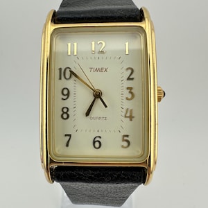 Vintage MINT Timex Tank Watch Gold Tone White Face Black 