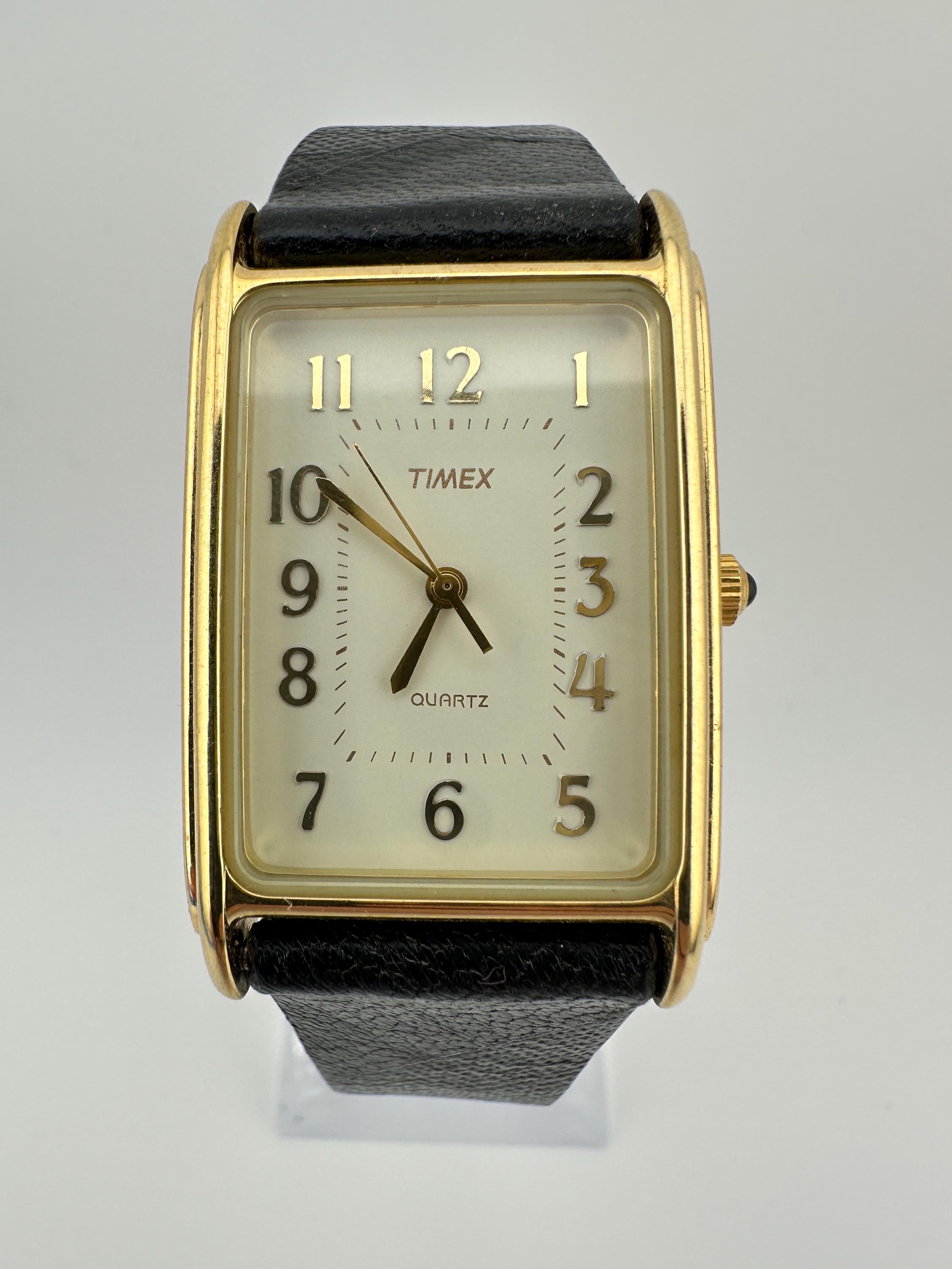 Vintage MINT Timex Tank Watch Gold Tone White Face Black 
