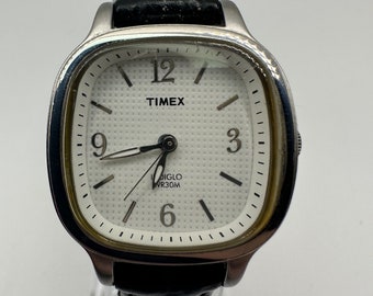 vintage damas cuadrado Timex indiglo Reloj negro correa de cuero sintético pequeño regalo su mujer mamá cara blanca de plata inoxidable