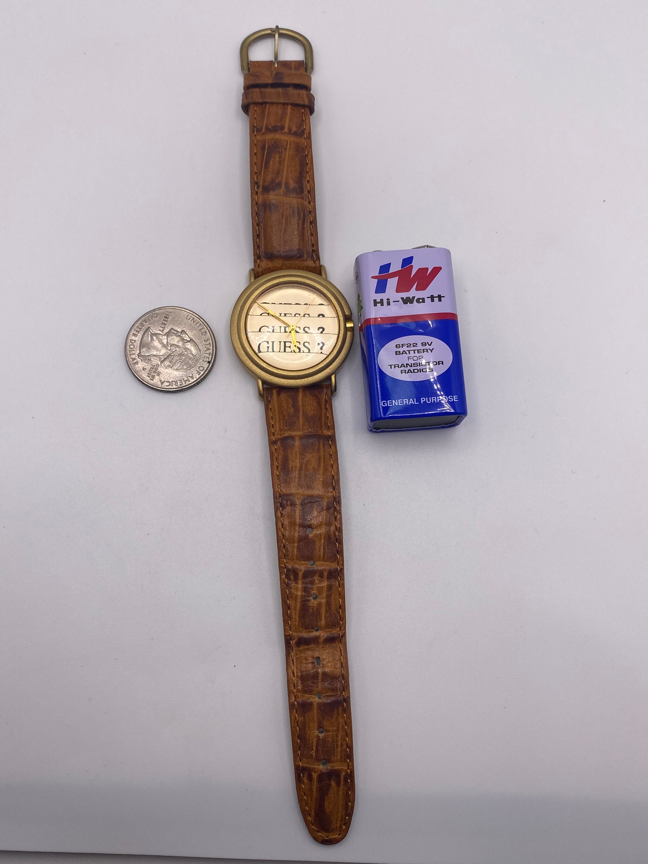 Vintage 1995 Guess Original Watch Gold Dial Logo Japan Quartz Brown Band WORKING Vintage 1995 Guess Original Watch Gold Dial Logo Japan  main image 2