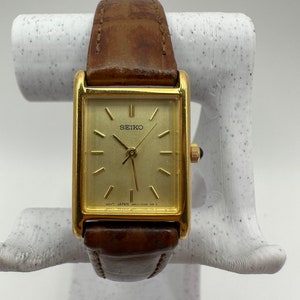 Seiko vintage RARE 1n01 ladies gold tone tank Watch square brown leather gift her women small dainty fashion