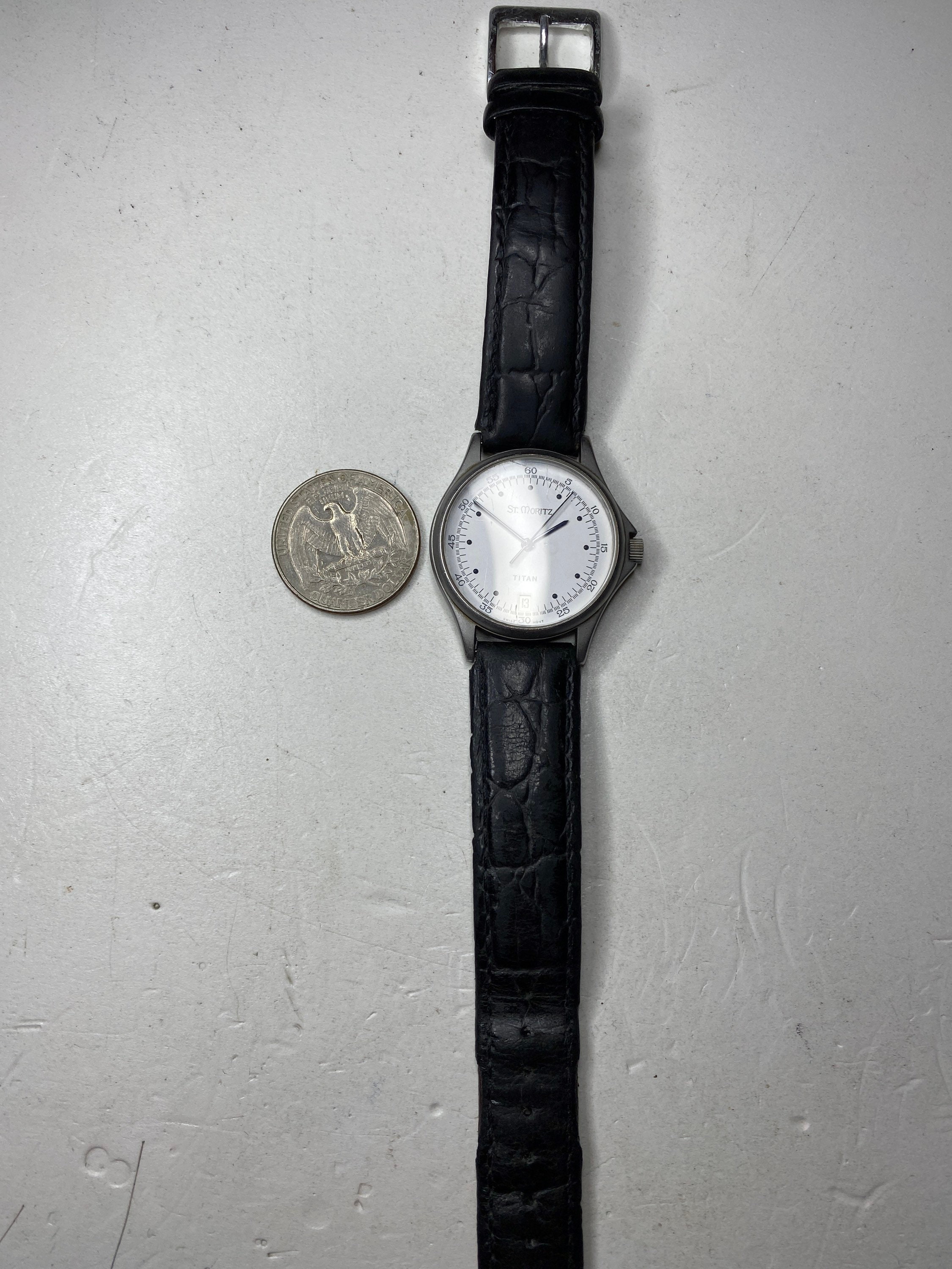 Vintage St Moritz Titan Swiss Movement 32mm Watch Black Leather