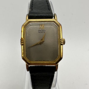 vintage Seiko 2C20 ladies gold tone tank Watch black leather gift her women mom sale small dainty designer fashion