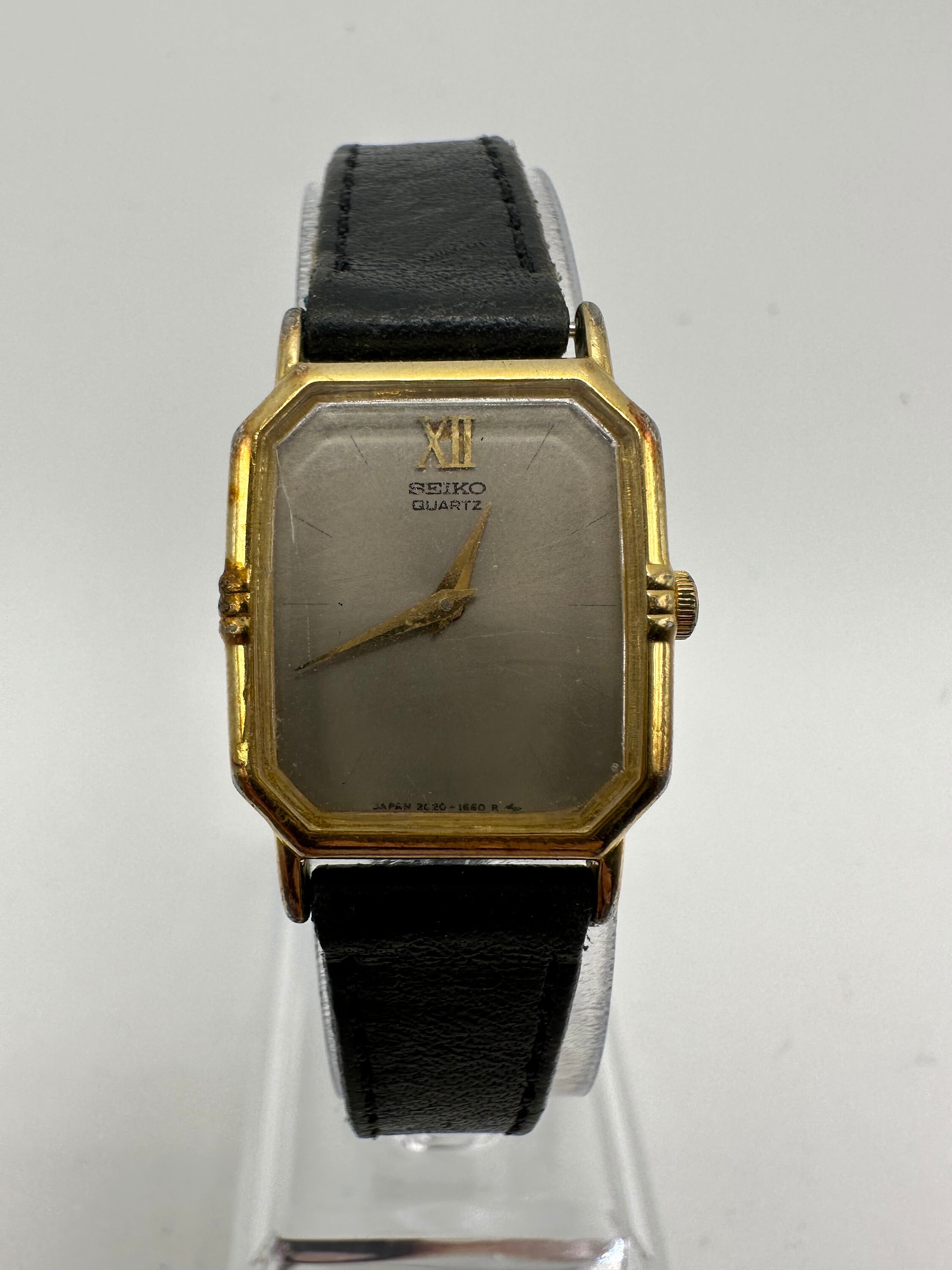 Vintage Seiko 2C20 Ladies Gold Tone Tank Watch Black Leather Gift