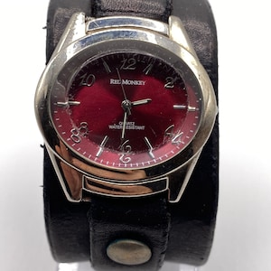 Red Monkey Quartz Leather Strap Watch Well Worn Red Face for Men