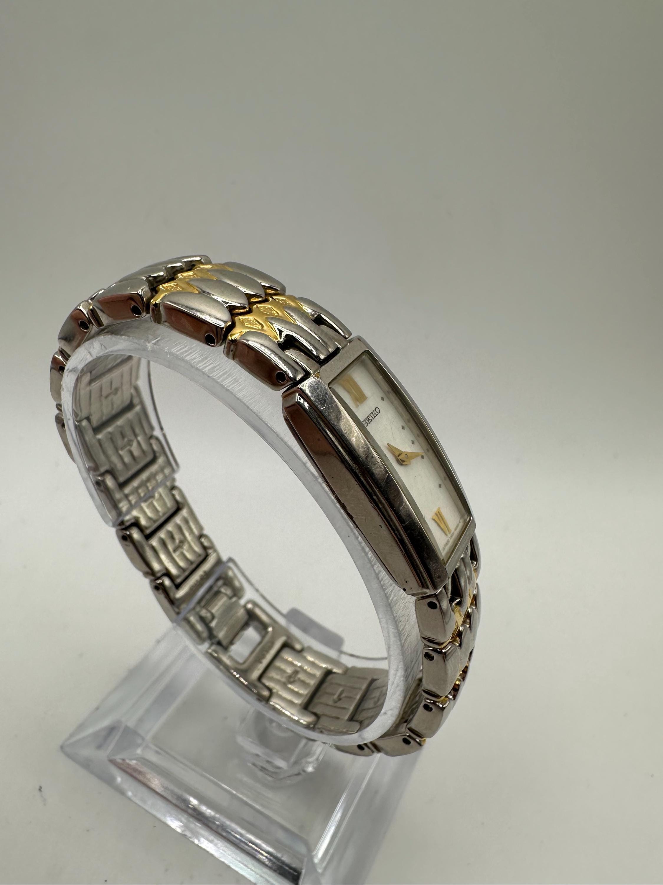 Vintage Seiko Gold Silver Tone Tank Watch Rectangle Face Roman