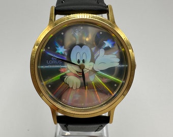 Vintage Lorus by Seiko 36mm Mickey Mouse holographic Watch unisex gift men women gold tone