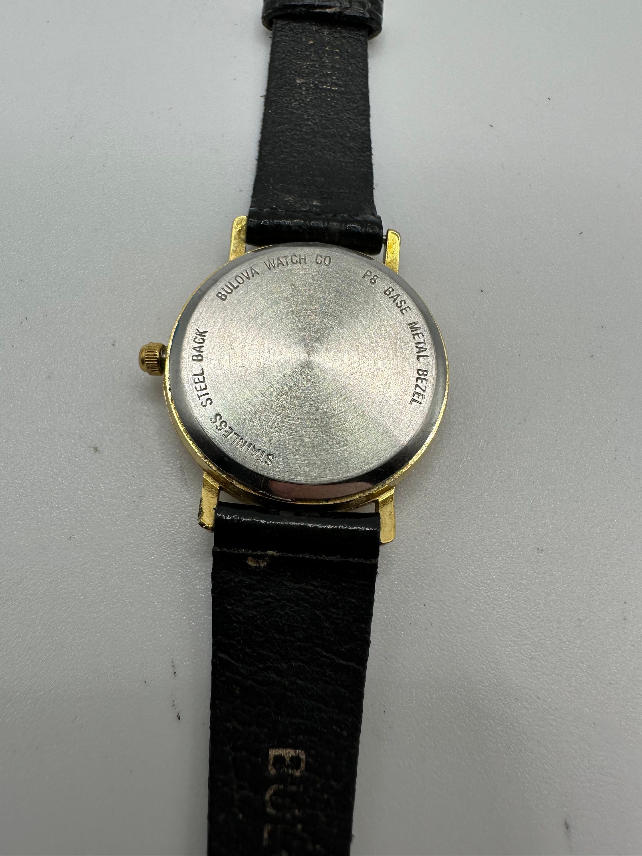 Vintage Bulova Watch. Stainless Back. Black leather band. 10k . needs battery. Vintage BULOVA President  main image 2