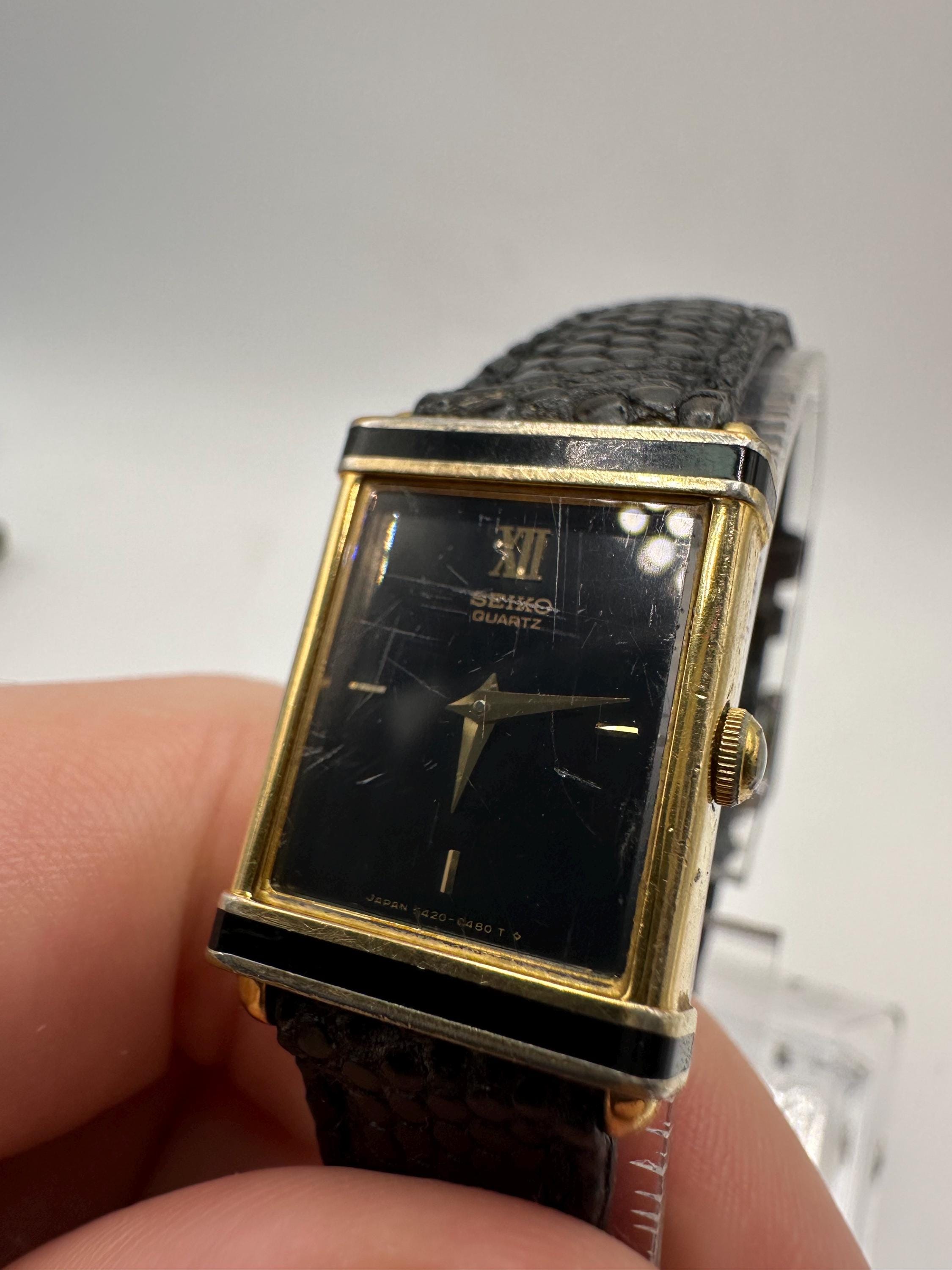 Vintage Seiko 5420 Ladies Gold Tone Tank Watch Black Face Leather