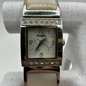 vintage Fossil f2 ES 1402 ladies silver diamond mother of Pearl mop square tank Watch Quartz gift her women mom