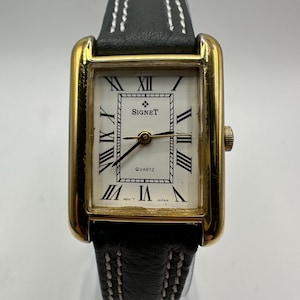 vintage signet ladies gold tone tank Watch Roman Numerals grey leather gift her women mom sale fashion designer small dainty  rectangle
