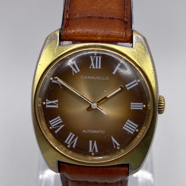 Vintage automatic Caravelle by bulova 36mm wrist watch N3 1973 gold tone brown face leather strap retro antique gift him her men women