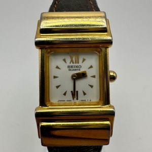 vintage Seiko RARE 1N00 5D50 ladies gold tone tank Watch white face Japan gift her ladies women mom brown leather designer