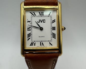 JVC vintage ladies gold tone tank Watch white Roman Numerals face leather strap Japan gift her women mom dress designer square rectangle