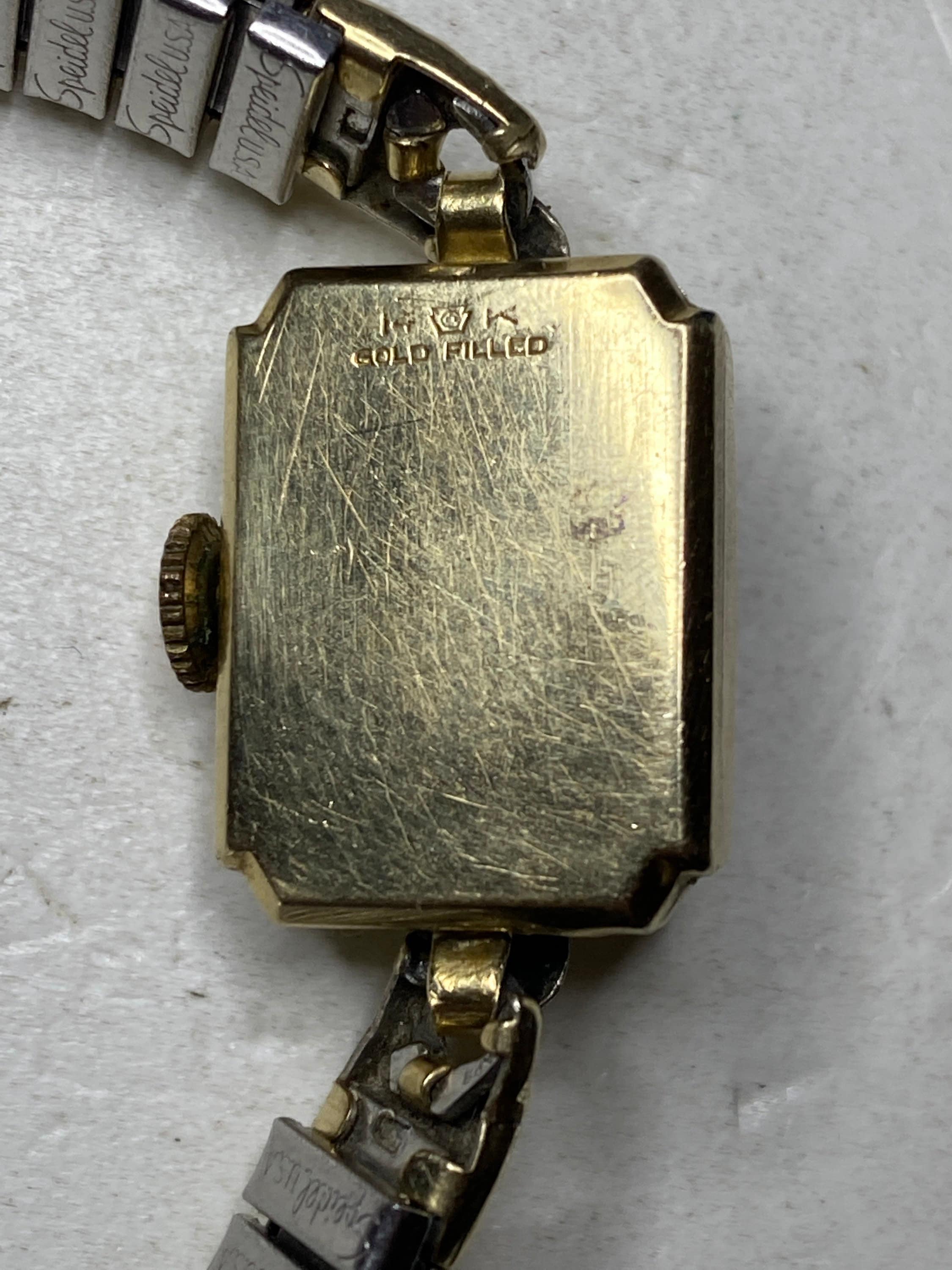 VINTAGE LADY ELGIN 14KT FILLED MANUAL WIND WATCH WITH SPEIDEL 10KT GOLD FILLED Value of 14k gold filled Elgin men main image 2