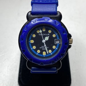 Vintage Tackle quartz blue 36mm divers watch retro plastic gift him her men women day date