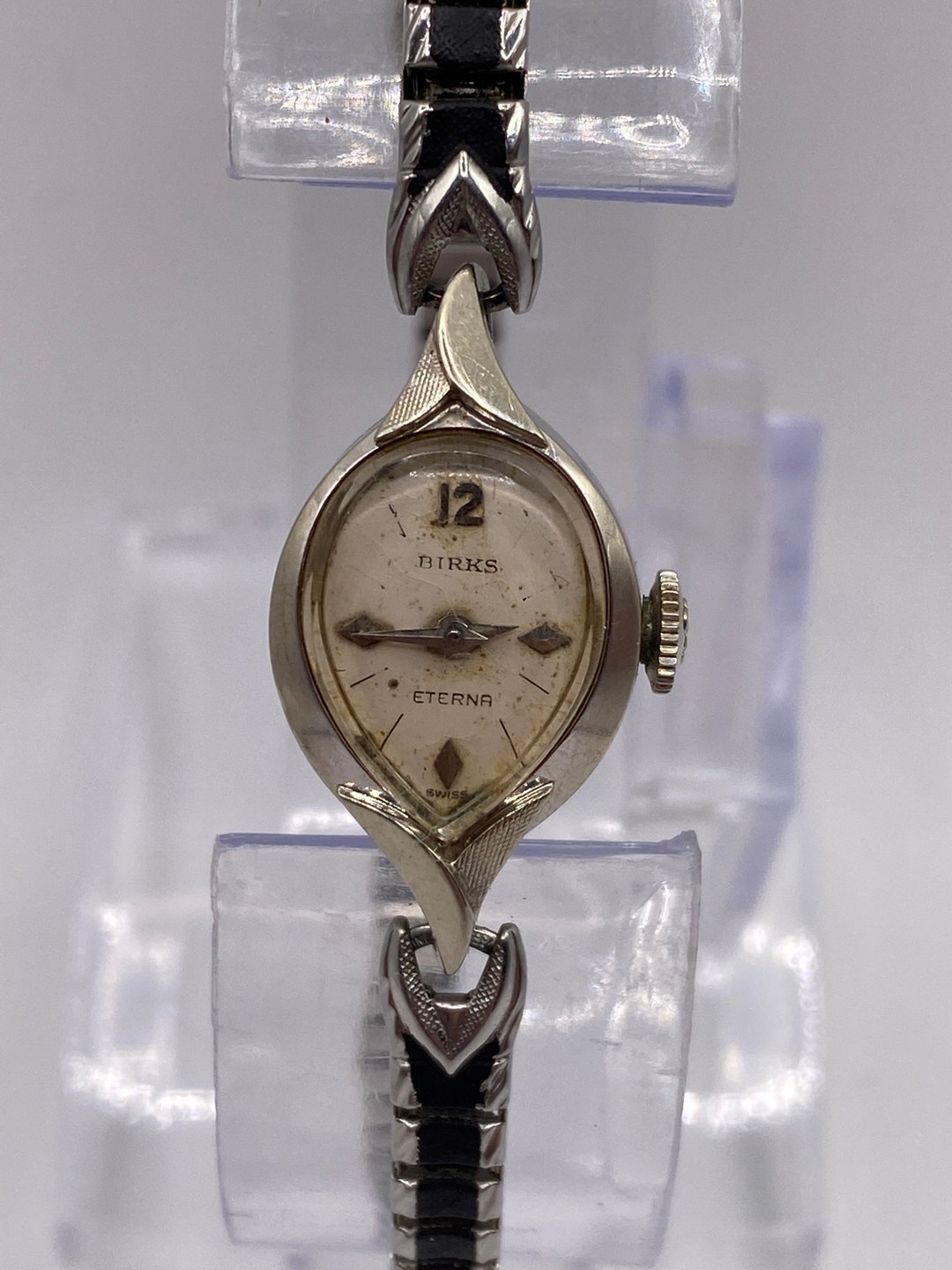 Rare Antique 14k Gold Birks Etena Mechanical Wind Watch Swiss Speidel Bracelet White Manual Wind