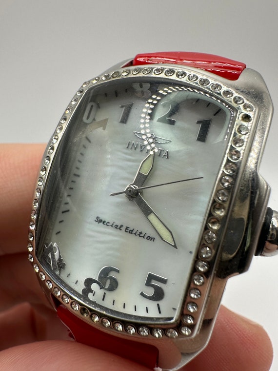 vintage Invicta Lupah silver tank Watch mother of Pearl mop dial red leather strap gift her women mom designer fashion
