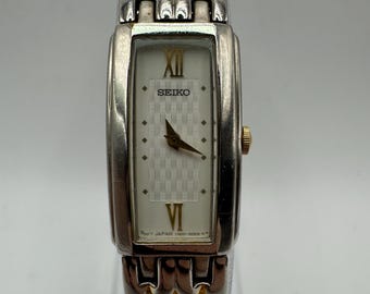 Zegarek Seiko w kolorze złota i srebra w prostokątnej tarczy z cyframi rzymskimi, prezent dla niej, dla mamy, retro, japońska projektantka mody, sukienka
