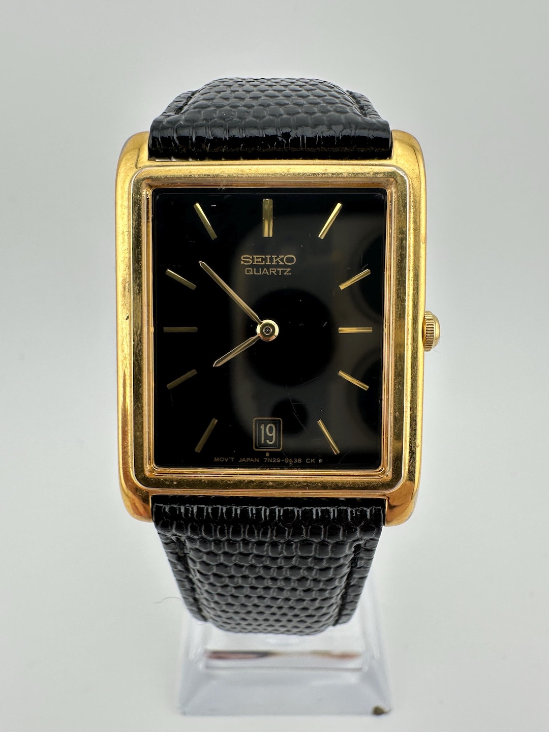 Seiko 7N29 Vintage Gold Tone Tank Watch Black Leather Strap