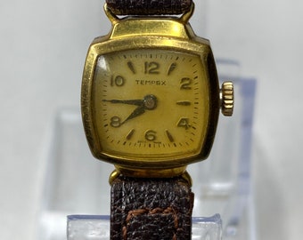Vintage tempex mechanical wind ladies wrist watch Swiss gold tone leather strap small gift her women retro antique dress manual