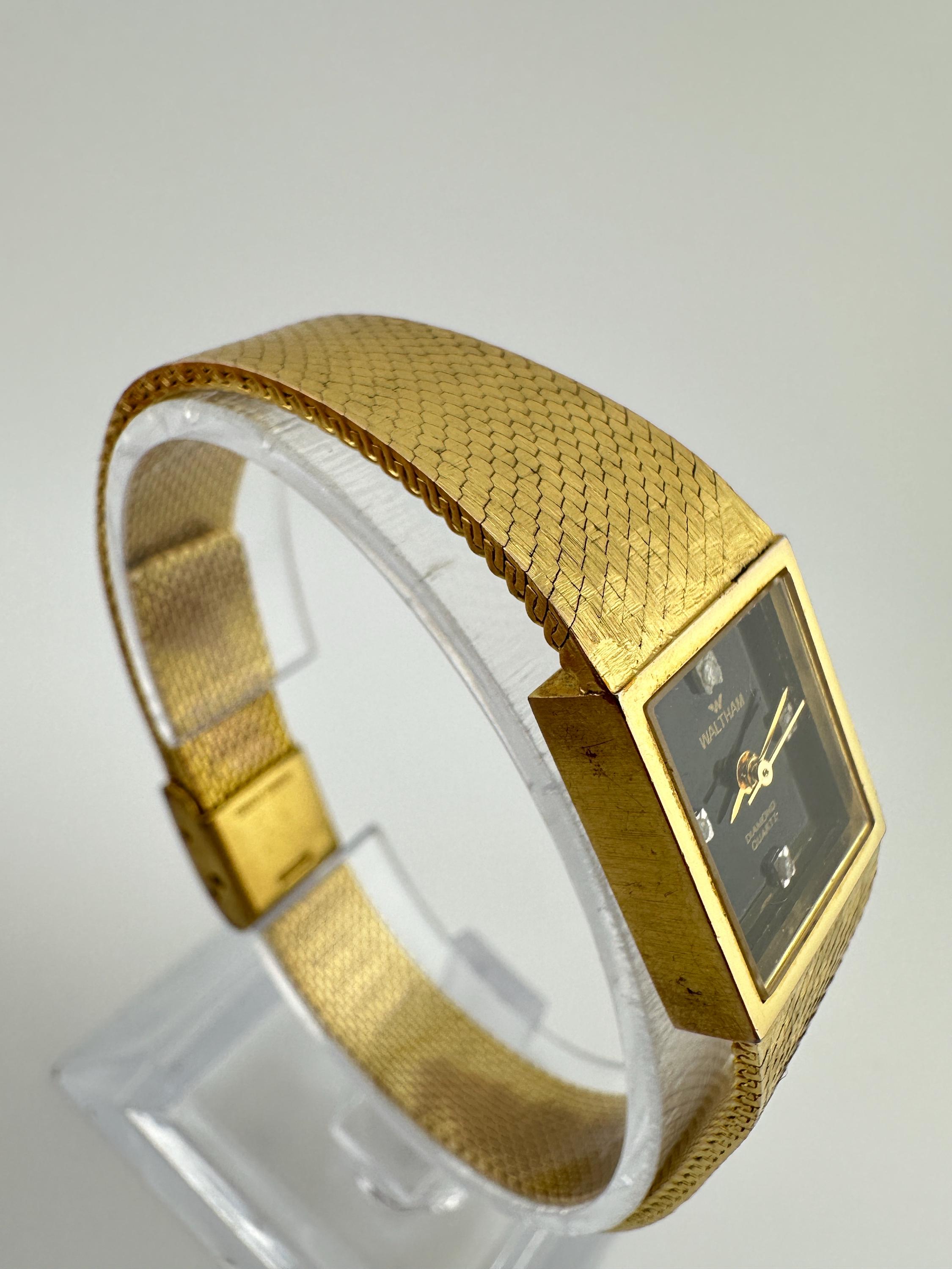 Waltham Ladies Watch Vintage Gold Tone Bracelet Black Dial Diamond Date Window Vintage Waltham Ladies Watch: Gold Tone, Black Dial, Diamond  main image 3