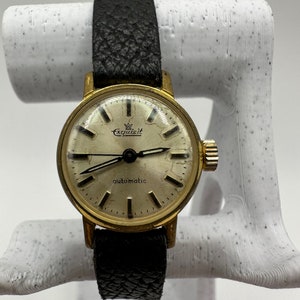 Vintage exqusit watch automatic ladies German gold tone leather strap small gift her women dress watch rare