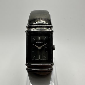 vintage Seiko 1N00 all black cuff Watch square tank face gift her ladies women mom small dainty fashion designer retro