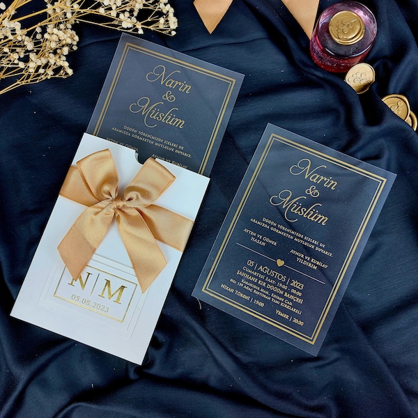 Lux Frosted Acrylic Wedding Invitation with White Envelope, Gold Gilding, Yellow Ribbon, Einladung aus mattiertem Acryl mit weißem Umschlag
