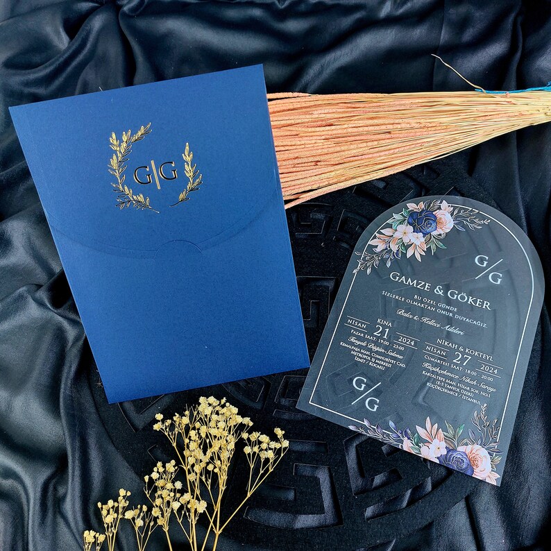 Floral Printed Elegant Invitation Card, Blue Invitation Card for Special Day, Transparent Acrylic Invitation Card, Elegant Invitation Card with Quality Envelope for Wedding