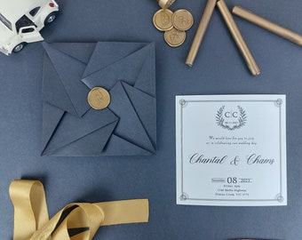 Origami Designed Wedding Invitation, Wax Sealed Black Envelope, Perfect Wedding Invitation Card, Unique Invitation for Who Love Different