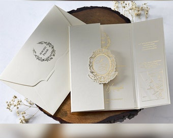 Invitación clásica moderna cerrada, tarjeta de boda única personalizada, invitaciones de compromiso de diseño minimalista, tarjeta de lujo elegante floral