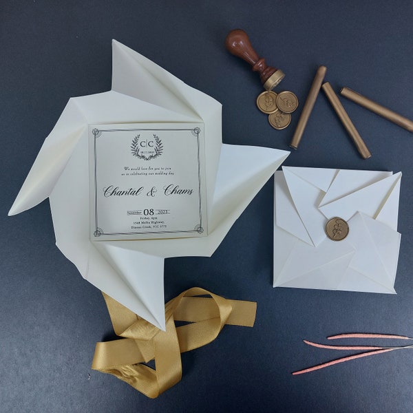 Unique Origami Wedding Invitation, Elegant Sweet 16 Invitation, Handmade Origami Envelope with Custom Wax Seal, Wedding Details Card