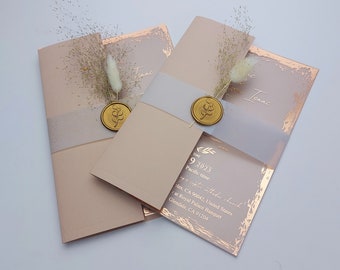 Invitación de boda acrílica, plantilla de invitación a fiesta de compromiso, invitación dulce 16, tarjeta de detalle de boda, sello de cera personalizado y flor seca