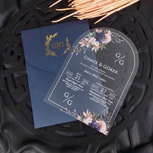 Tarjeta de invitación elegante detallada con estampado floral, tarjeta de invitación azul para un día especial, tarjeta de invitación acrílica transparente, invitación elegante imagen 3