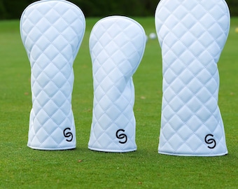 Ensemble de couvre-chefs de golf matelassés blancs - Motifs de couvre-chefs de golf classiques - Coutures haut de gamme, doublure durable - Cadeaux de golf idéaux
