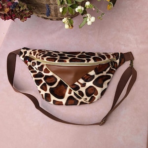 Sac Banane motifs giraphe & Simili Cuir camel - Taille L