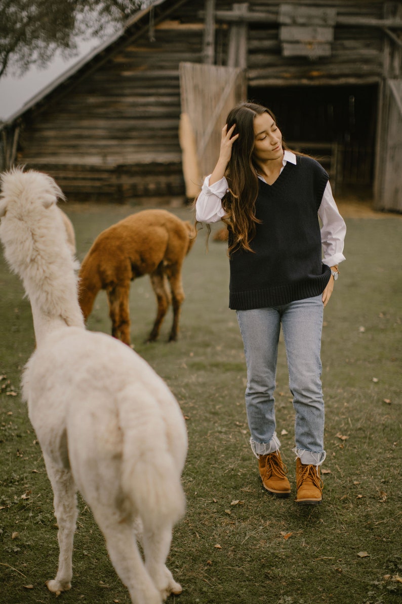 Hand knitted alpaca wool sweater vest, Women wool vest with short sleeves, V neck alpaca pullover vest, Oversized knit sweater vest image 6