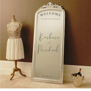 Individuelles Willkommensschild Hochzeit mit Namen & Datum | Personalisiertes Vinyl für Spiegel, elegantes Hochzeitsdekor, Brauteingangsschild