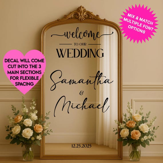Welcome to our Wedding Personalized Sign: Wedding Mirror Decal | beautiful Stickers for Bride and Groom