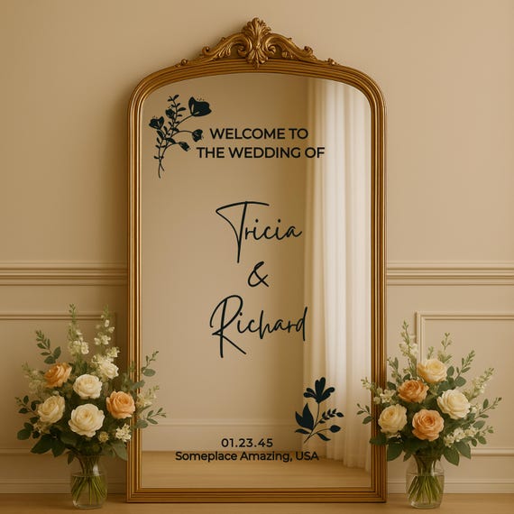Personalized Boho Mirror Decal: Wedding Welcome Sign – Rustic Earthy Floral Design – For Indoor/Outdoor Boho Weddings