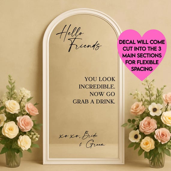 Hello Friends Welcome Wedding Sign: Wedding Mirror Decal | Playful and Inviting Stickers for Bride and Groom